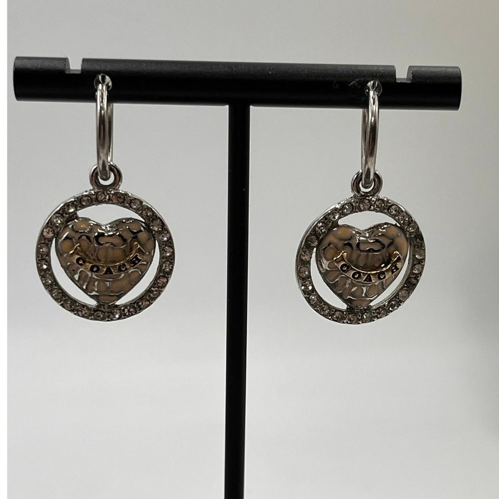 Coach Cream Enamel Logo C's Branded Heart Small Hoop Dangle Earrings - Picture 3 of 8